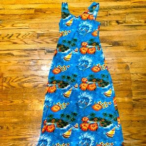 Vintage poly span Hawaiian tiki maxi dress